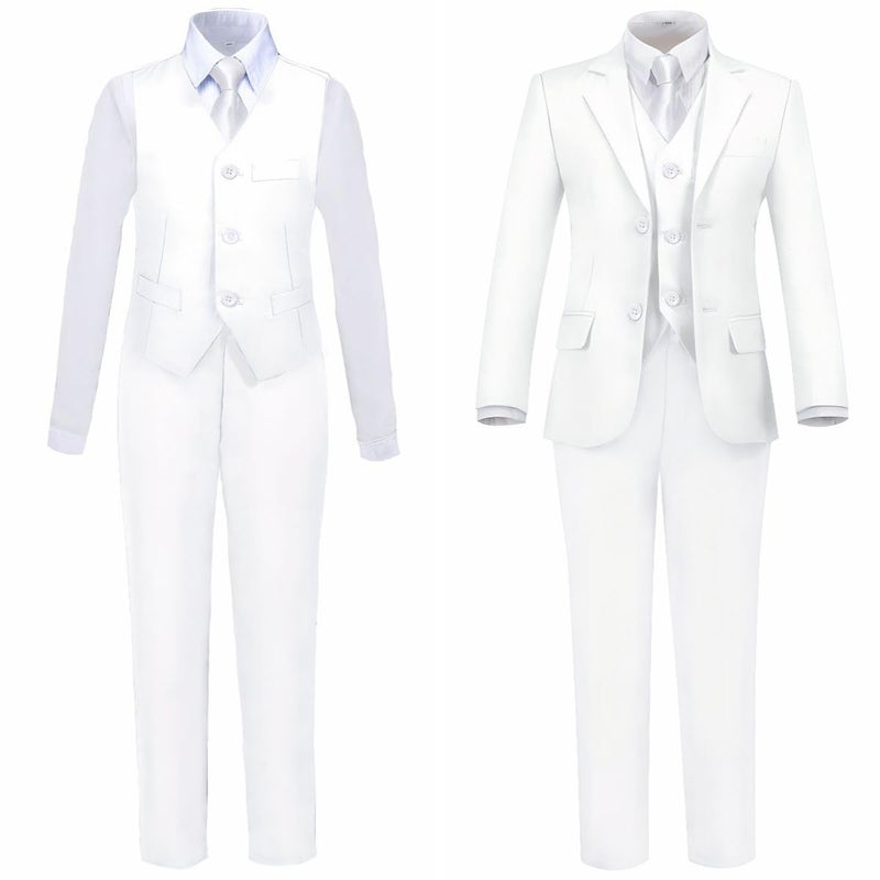 Addneo Boy's Silm Fit Formal Suits 5 Piece with Shirt and Vest, White 5pc, 6 - Image 4